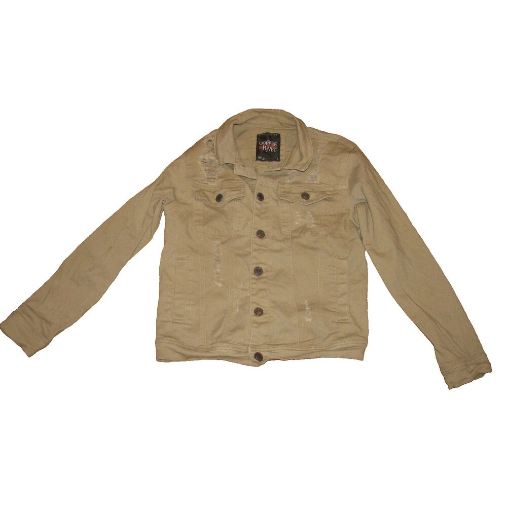 Denim Factory Copper Rivet Tan Stretch Distressed Denim Jacket Buttons Mens S